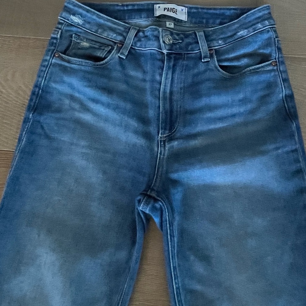 PAIGE Slim Straight High Rise Jeans in Distressed Blue Wash